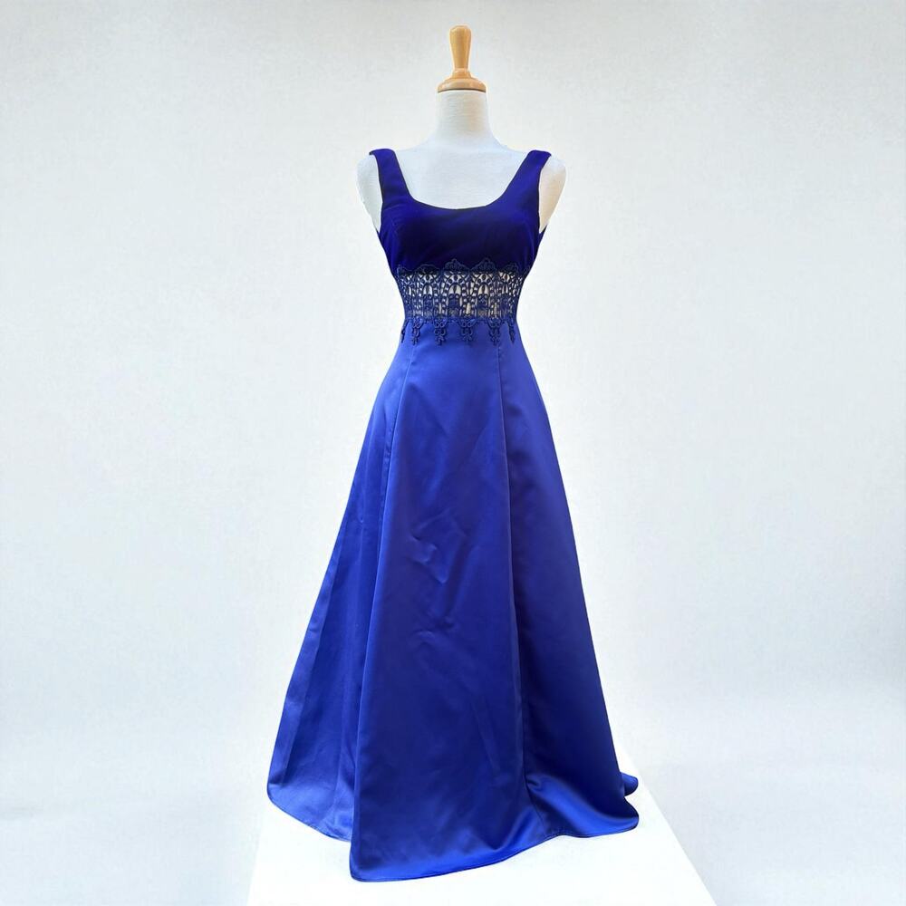 VTG ZumZum Prom Dress Gown 3/4 Blue Velvet Unconventional Lace Formal Glam 90s